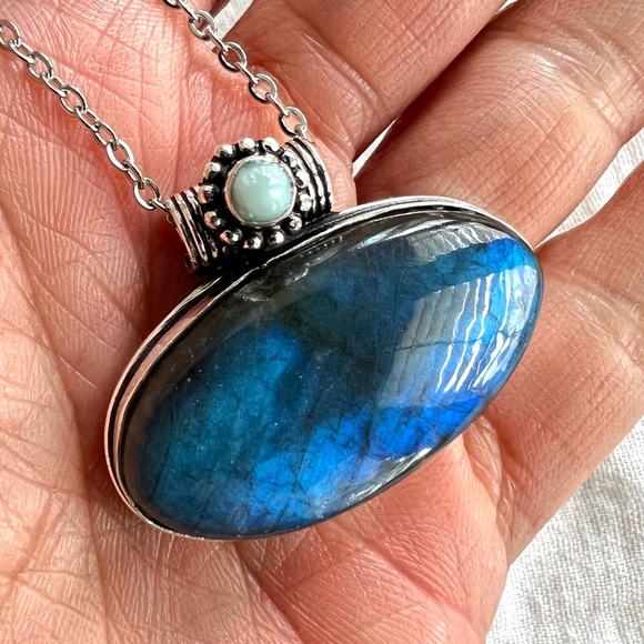 925 Royal BLUE Flash Labradorite + Larimar Pendant Necklace - Picture 3 of 8